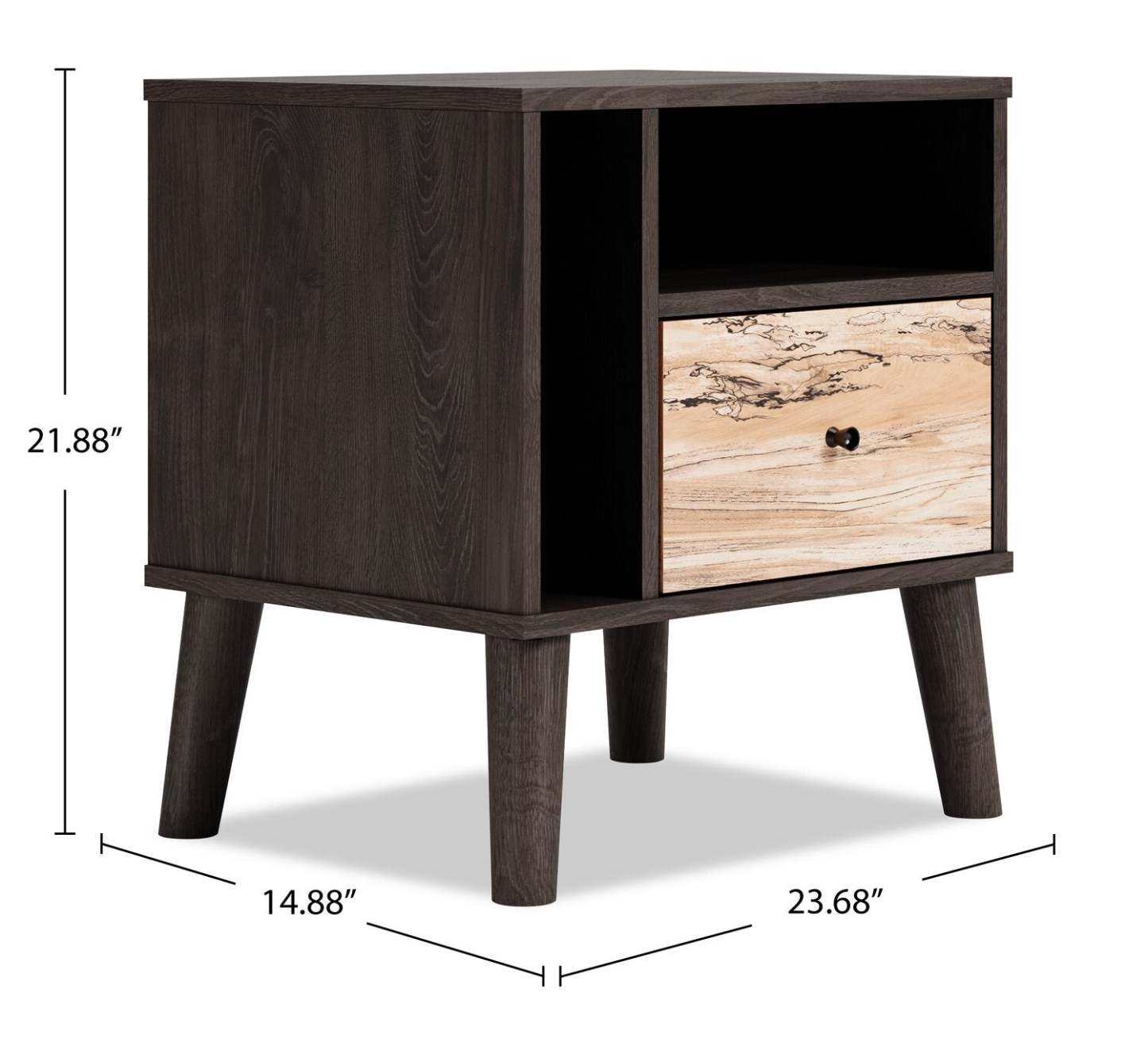 Table de chevet à 1 tiroir Wolf, 23,7 L x 21,9 H, moderne du milieu du siècle – Marron bicolore et naturel | Table de nuit moderne du milieu du 20e siècle Wolf de 23,7 po (L) x 21,9 po (H) à 1 tiroir - deux teintes, brun et naturel