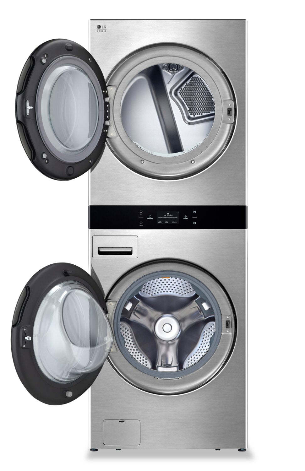 LG Studio 5.8 Washer/7.4 Dryer Cu. Ft. Front-Load High-Efficiency Steam Washtower™ - Nobel Steel - S… | Tour de lavage WashTowerMC à la vapeur haute efficacité LG Studio à chargement frontal avec laveuse …