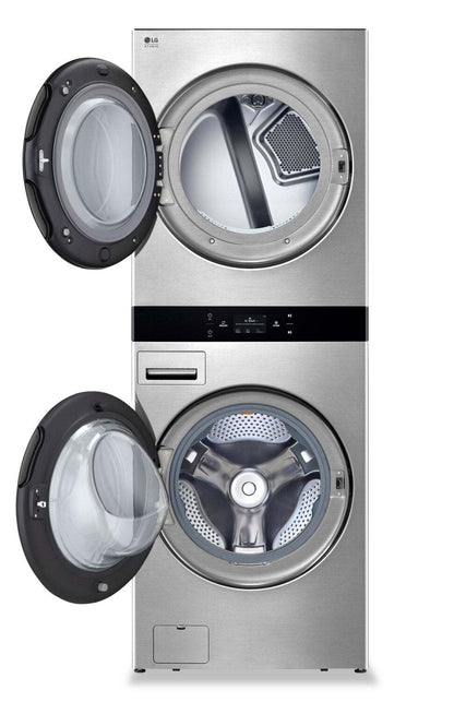 LG Studio 5.8 Washer/7.4 Dryer Cu. Ft. Front-Load High-Efficiency Steam Washtower™ - Nobel Steel - S… | Tour de lavage WashTowerMC à la vapeur haute efficacité LG Studio à chargement frontal avec laveuse …