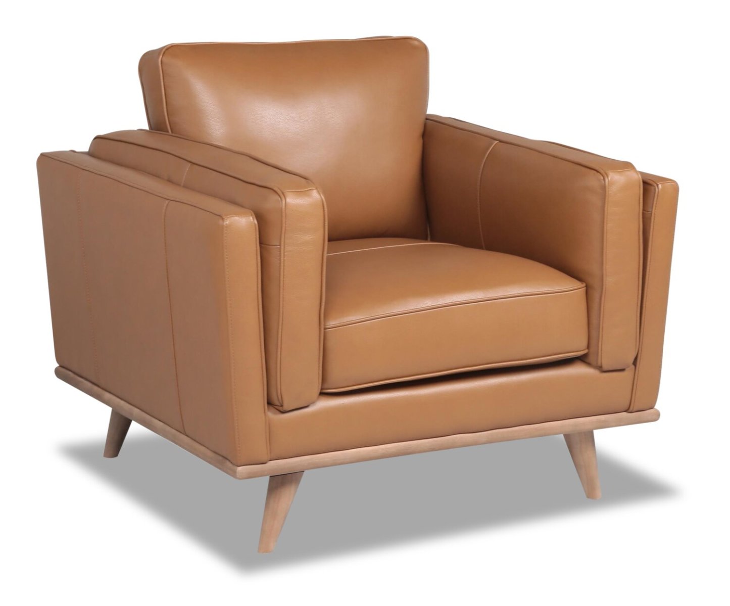 Chaise Vivia 40 en cuir véritable avec coussin de siège amovible et base en bois - Brun caramel | Fauteuil Vivia de 40 po en cuir avec coussin de siège amovible et base en bois véritable - brun caramel
