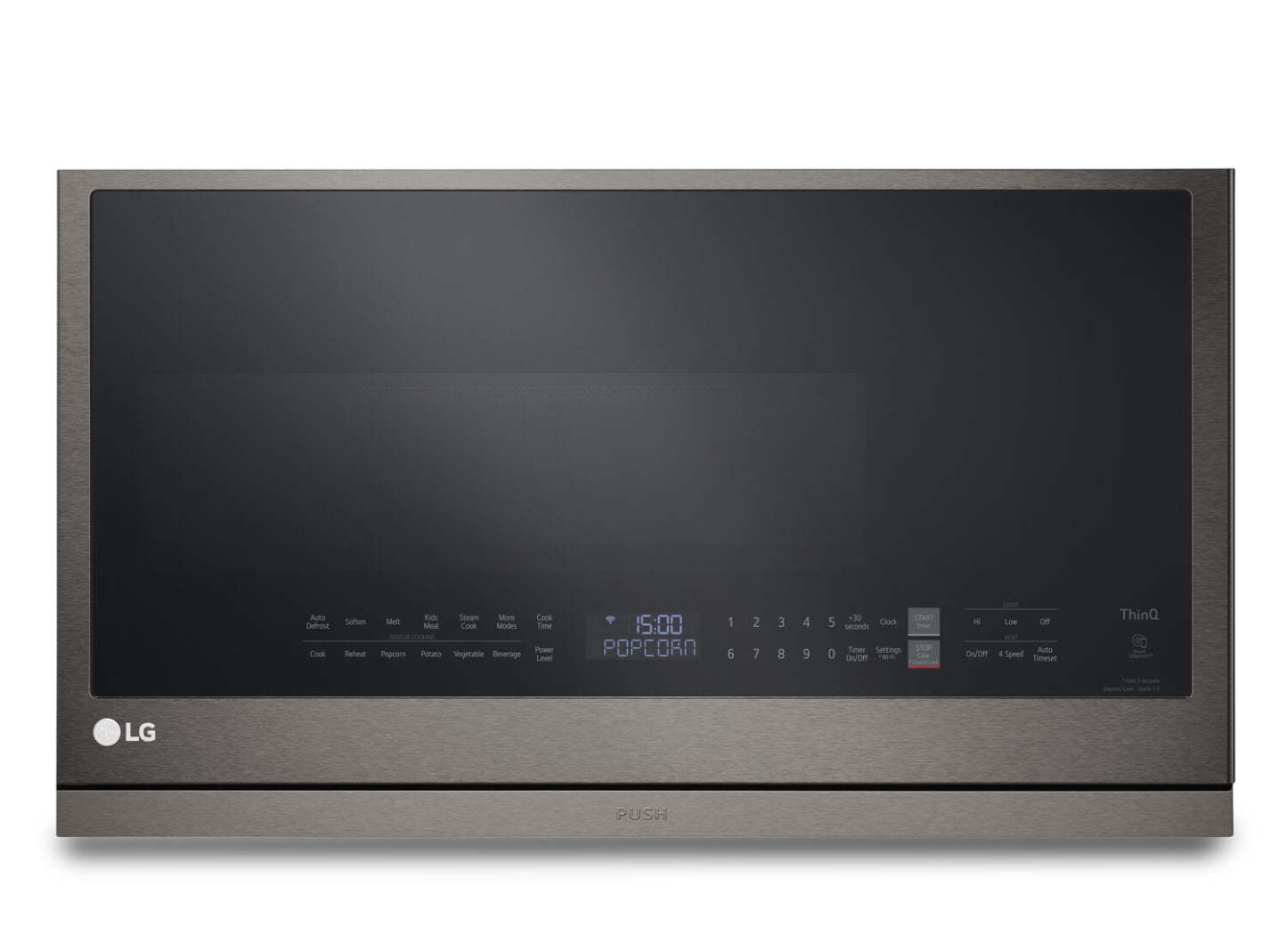 LG 2,1 Cu. Fort. Micro-ondes à grande portée avec ExtendaVent™ et cuisson par capteur - Acier noir anti-taches… | Quatre à micro-ondes à hotte intégrée LG de 2,1 pi³ avec ExtendaVentMC et cuisson par capteur - acier …