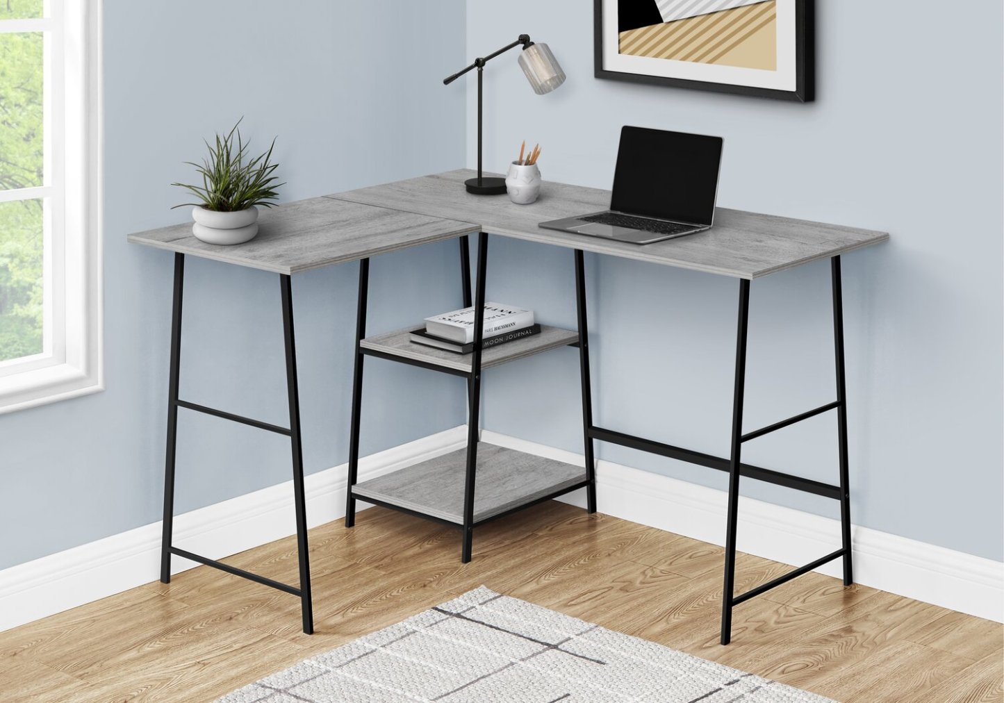 Evlin 42 L-Shaped Office Desk with Shelves - Grey|Bureau en forme de L Evlin de 42 po à tablettes - gris