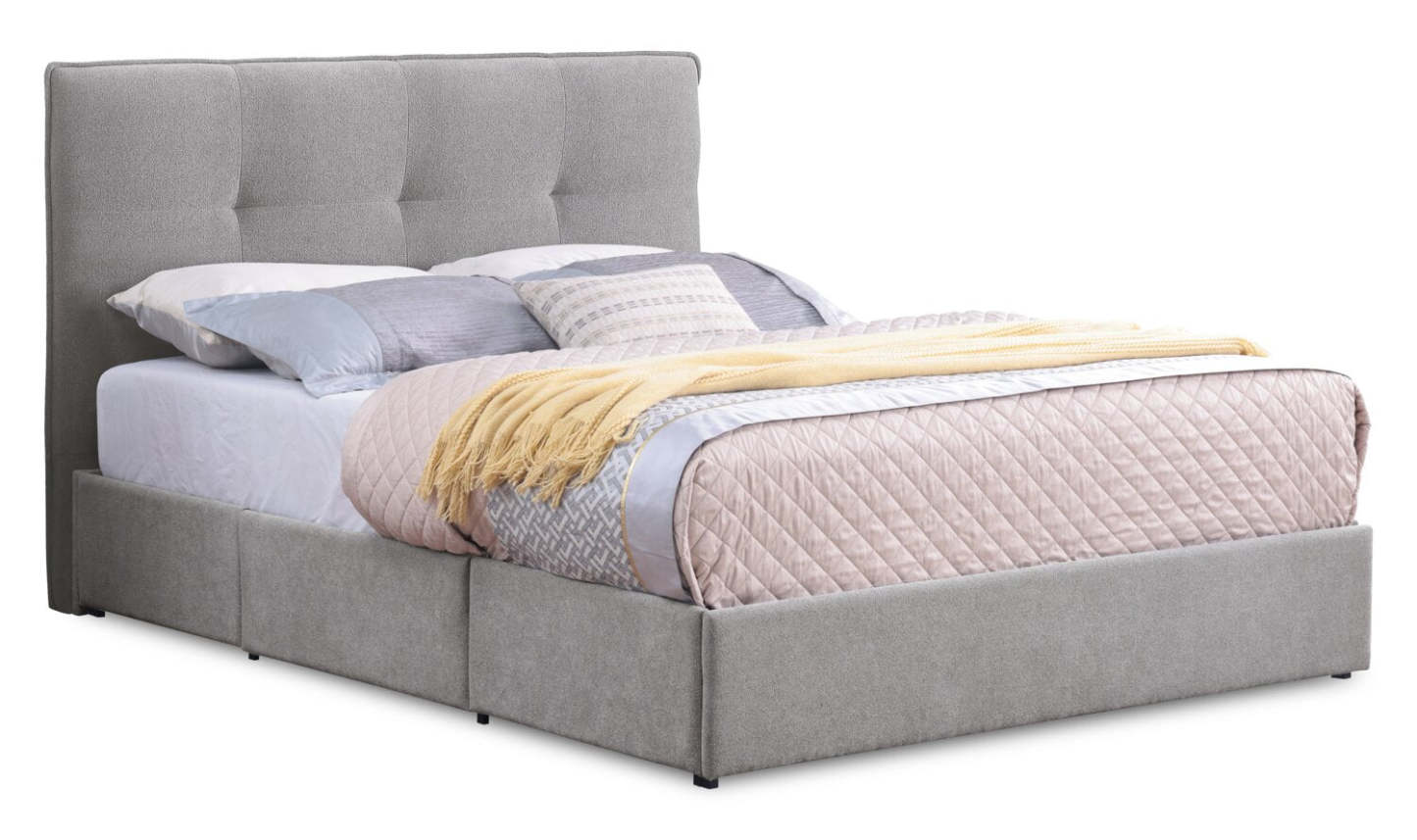 Base de lit de rangement Amos rembourrée en tissu gris avec 3 tiroirs intégrés - format très grand lit