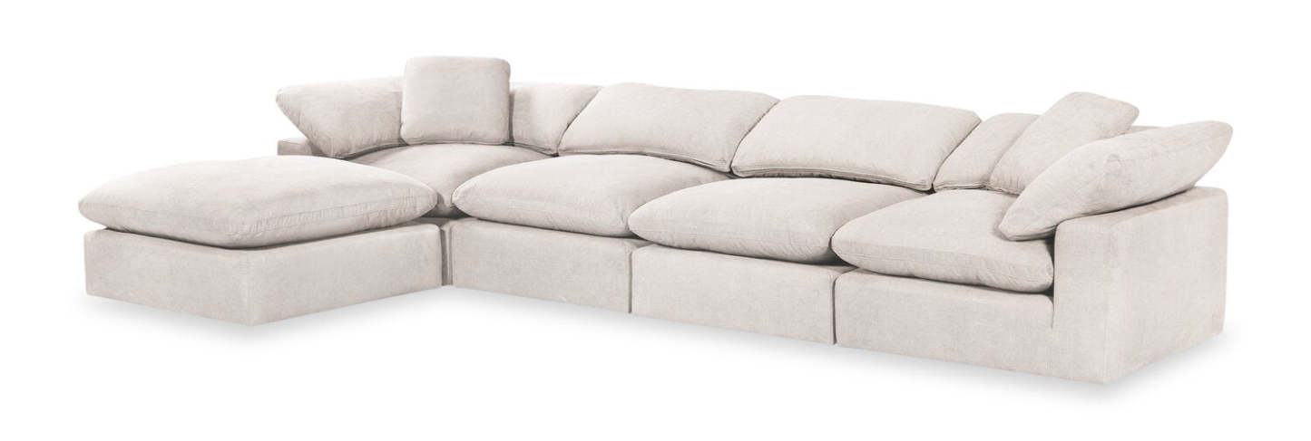 Eclipse Modular 5-Piece Linen-Look Fabric Sectional with Ottoman and Reversible Feather Down Cushions - Linen White | Canapé sectionnel modulaire Eclipse 5 pièces en tissu d’apparence lin avec pouf et coussins réversibles en duvet et plumes - blanc lin