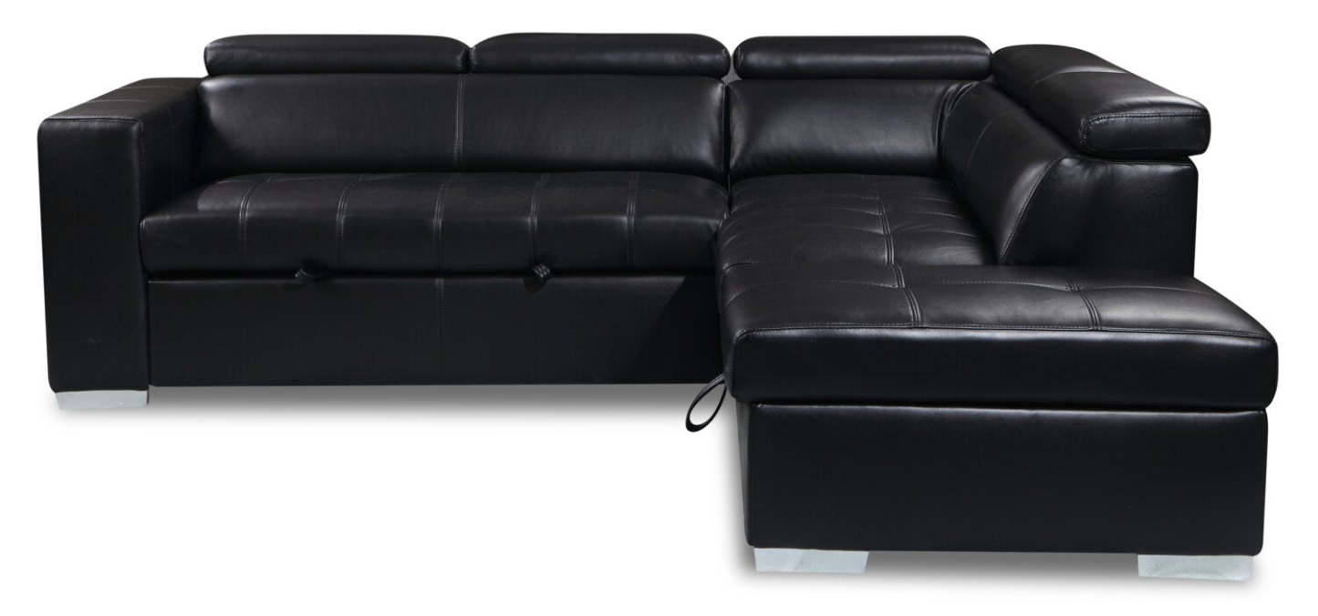Sofa-lit sectionnel de droite Drake 3 pièces en tissu d’apparence cuir avec pouf de rangement - noir