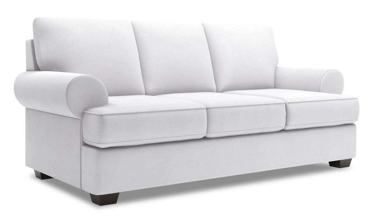 Fabriqué au Canada Canapé Personnalisable Roll 86 en Tissu d'Apparence Lin avec Accoudoirs Enroulés - Blanc Pax Ice | Canapé Roll de Sofa Lab de 86 po fabriqué au Canada en tissu d’apparence lin avec accoudoirs enroulés - blanc Pax Ice | RO103449