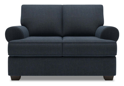 Fabriqué au Canada Causeuse personnalisable Roll de Sofa Lab de 64 po en tissu d'apparence lin avec accoudoirs enroulés - bleu Luna Sailor | RO202491