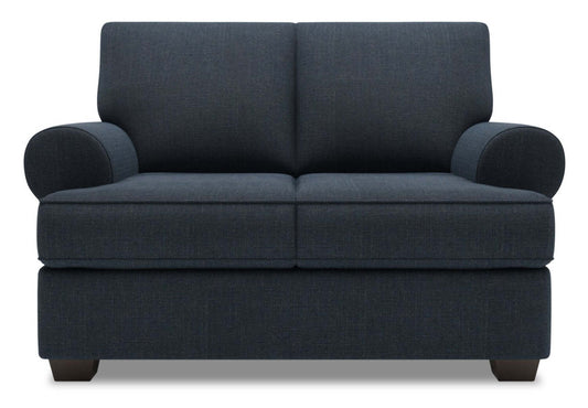 Fabriqué au Canada Causeuse personnalisable Roll de Sofa Lab de 64 po en tissu d'apparence lin avec accoudoirs enroulés - bleu Luna Sailor | RO202491