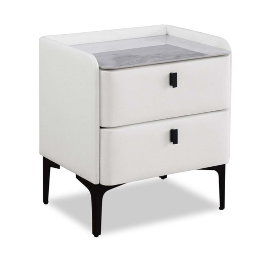 Table de chevet rembourrée à 2 tiroirs Nova avec plateau en pierre frittée, 20,25 L x 22,5 H - Blanc | Table de nuit rembourrée Nova de 20,25 po (l) x 22,5 po (H) à 2 tiroirs avec dessus en pierre frittée - blanche