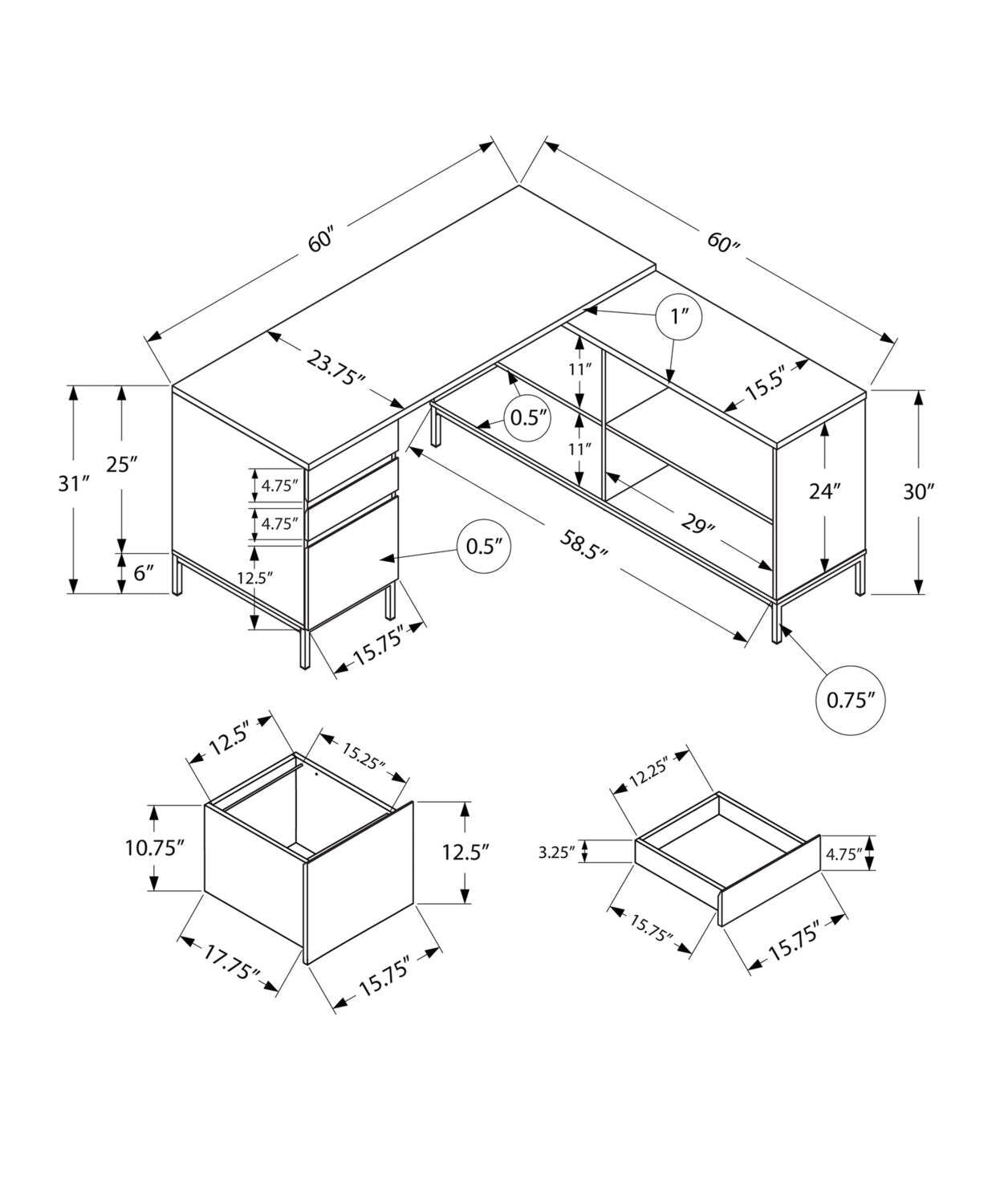 Bureau en forme de L Sean de 60 po à 3 tiroirs et 4 compartiments - gris