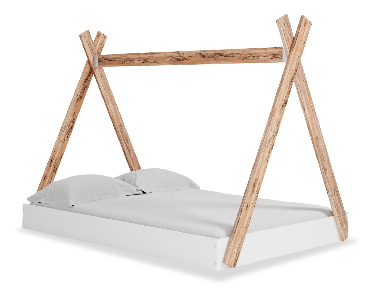 Lit de tente plateforme Wolf pour enfants, bicolore blanc et naturel - Pleine grandeur | Lit Wolf plateforme en forme de tente pour enfants, deux teintes, blanc et naturel - format lit double