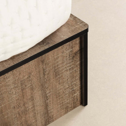 Lit plateforme Everley avec rangement et paniers intégrés, chêne patiné et noir mat - taille simple | Lit plateforme Everley avec rangement et paniers intégrés, chêne vieilli et noir mat - format lit simple