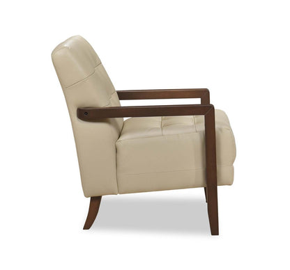Fauteuil d'appoint Enzo 26 en cuir véritable avec capitonnage biscuit, accoudoirs sur rail et pieds en bois - Beige | Fauteuil d'appoint Enzo de 26 po en cuir avec capitonnage en véritable biscuit, accoudoirs rectilignes et pattes en bois - beige