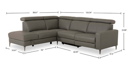 Sofa sectionnel de gauche à inclinaison électrique Valentino 3 pièces en cuir véritable avec appuie-têtes réglables - gris