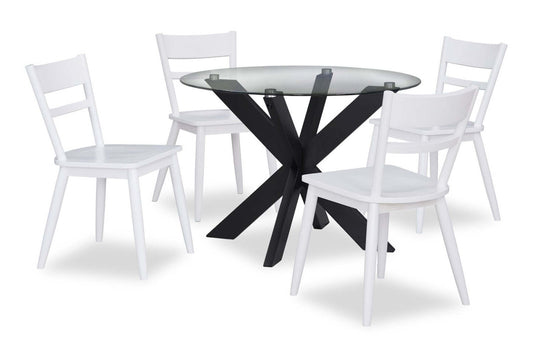 Remi 5pc Dining Set with Table & 4 Ladder-Back Chairs, Glass & Wood, 42W Round - Black & White | Ensemble de salle à manger Remi 5 pièces avec table ronde de 42 po et 4 chaises à dossier en échelle, en verre et bois - noir et blanc