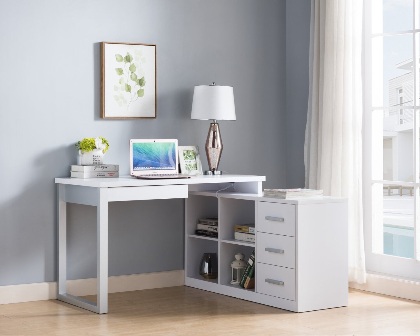 Bureau d'angle réversible Owen 55 avec 4 tiroirs et compartiments - Blanc|Bureau en coin réversible Owen de 55 po à 4 tiroirs et compartiments - blanc