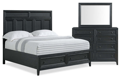 Casa Ensemble de chambre à coucher 5 pièces avec lit, commode et miroir, bois, noir – Queen Size | Ensemble de chambre à coucher Casa 5 pièces en bois avec lit, commode et miroir, noir - taille queen