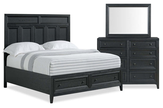 Casa Ensemble de chambre à coucher 5 pièces avec lit, commode et miroir, bois, noir – Queen Size | Ensemble de chambre à coucher Casa 5 pièces en bois avec lit, commode et miroir, noir - taille queen