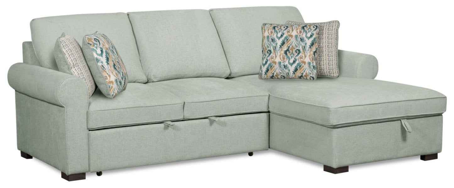 Scott Living Haven 2-Piece Right-Facing Chenille Fabric Sleeper Sectional with Storage Chaise - bleu écume de mer | Sofa-lit sectionnel de droite Haven de Scott Living 2 pièces en tissu de chenille avec fauteuil long de rangement - bleu écume de mer