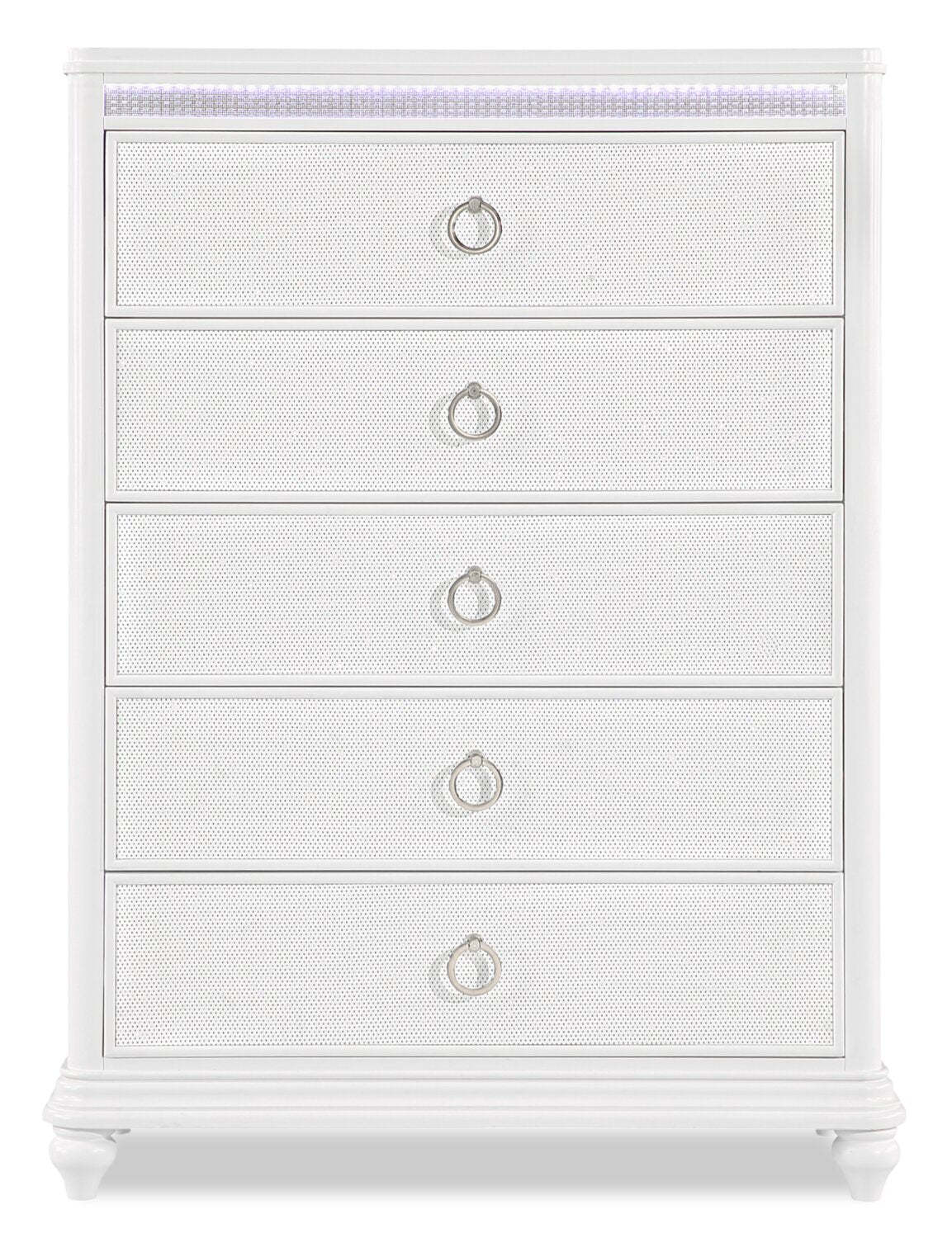 Commode de chambre à coucher Ava avec lumière LED, 5 tiroirs, 40,5 W x 54,1 H, Glam - Blanc | Commode verticale somptueuse Ava de 40,5 po (L) x 54,1 po (H) à 5 tiroirs avec éclairage à DEL pour la chambre à coucher - blanche