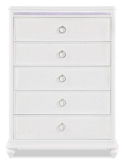 Commode de chambre à coucher Ava avec lumière LED, 5 tiroirs, 40,5 W x 54,1 H, Glam - Blanc | Commode verticale somptueuse Ava de 40,5 po (L) x 54,1 po (H) à 5 tiroirs avec éclairage à DEL pour la chambre à coucher - blanche