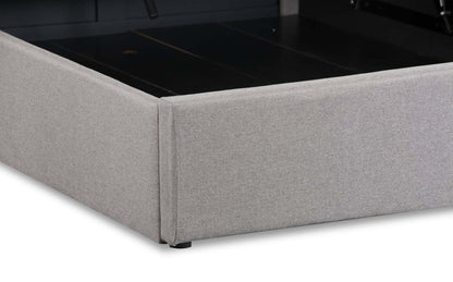 Lit plateforme de rangement rembourré Jace en tissu taupe, capitonné - Pleine grandeur | Lit plateforme rembourré Jace en tissu taupe capitonné avec rangement - format lit double
