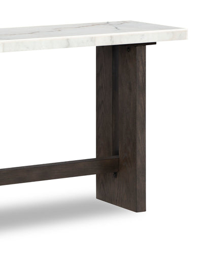 Table de canapé Warwick 52" en bois massif et marbre – Chêne blanc et brun | Table de salon Warwick de 52 po en bois massif et en marbre - blanche et chêne brun