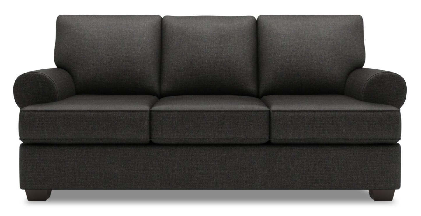 Fabriqué au Canada Canapé Personnalisable Roll 86 en Tissu d'Apparence Lin avec Accoudoirs Enroulés - Gris Luna Kohl | Canapé Roll de Sofa Lab de 86 po fabriqué au Canada en tissu d'apparence lin avec accoudoirs enroulés - gris Luna Kohl | RO102691