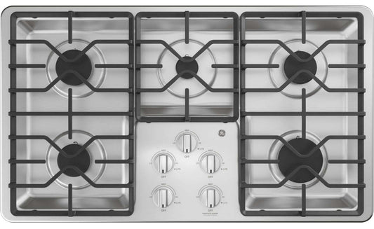 Table de cuisson au gaz GE 36 à 5 éléments - Inox - JGP3036SLSS | Table de cuisson à gaz GE de 36 po à 5 éléments - acier inoxydable - JGP3036SLSS