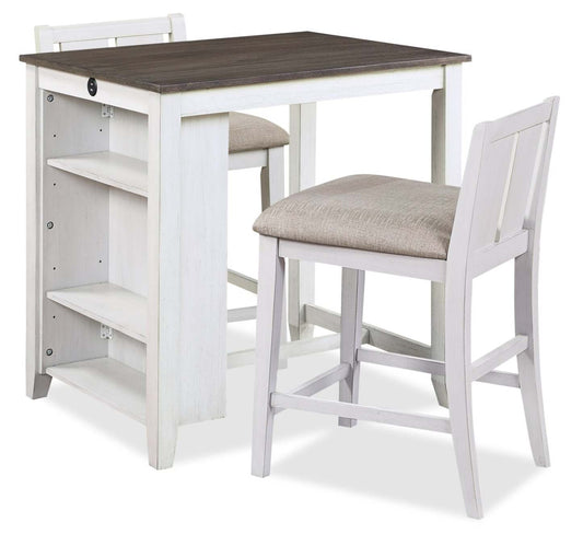 Lane 3pc Counter-Height Dining Set with Table & 2 Chairs, Built-in Shelves & USB, 36.5W - White | Ensemble de salle à manger Lane 3 pièces de hauteur comptoir avec table de 36,5 po (L), tablettes et port USB intégrées, et 2 chaises - blanc