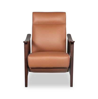 Aydin 27.5 Fauteuil d’appoint à inclinaison par poussée en cuir véritable avec accoudoirs et pattes en bois - orange chameau