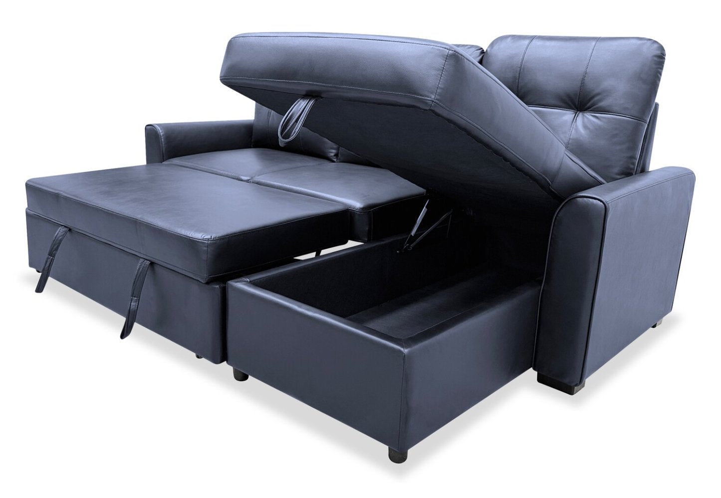 Sofa-lit sectionnel de droite Carter 2 pièces en tissu d’apparence cuir avec fauteuil long de rangement - noir