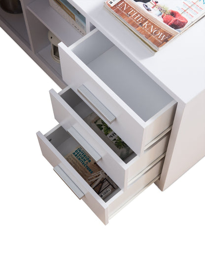 Bureau d'angle réversible Owen 55 avec 4 tiroirs et compartiments - Blanc|Bureau en coin réversible Owen de 55 po à 4 tiroirs et compartiments - blanc