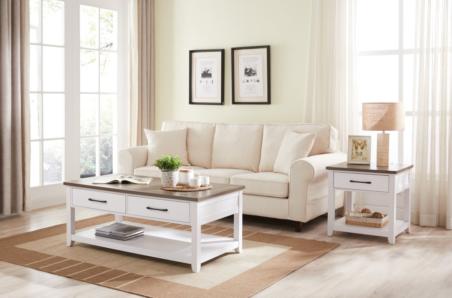 Kort & Co. Logan 22 Table de bout traditionnelle avec rangement et tablette - blanche et chêne noyer