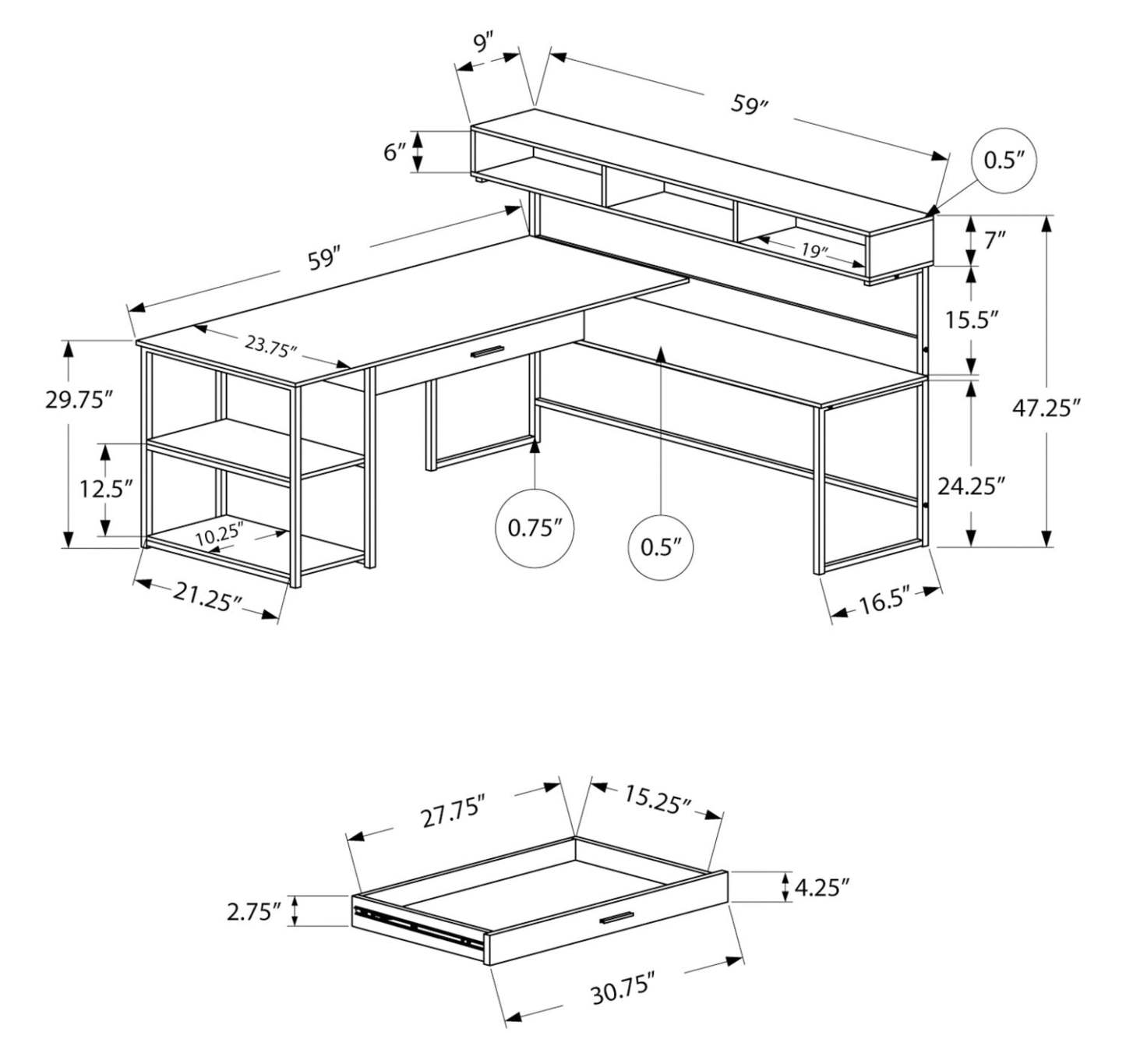 Oaklee 59 L-Shaped Corner Office Desk with Hutch - Grey|Bureau en coin en forme de L Oaklee de 59 po avec crédence - gris