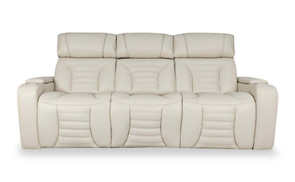 Sofa de massage à inclinaison électrique Zen de 86 po en tissu d’apparence cuir avec appuie-têtes électriques et console rabattable - abricot