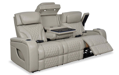 Elite 86 Genuine Leather Massage Power Reclining Sofa with Power Headrests and Storage Arms - Grey | Sofa de massage à inclinaison électrique Elite de 86 po en cuir véritable avec appuie-têtes électriques et accoudoirs de rangement - gris