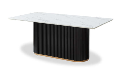Kort & Co. Capri Dining Table with Marble-Look Top & Gold Accent, Pedestal Base, 72W - Black/White | Table de salle à manger Capri de Kort & Co. de 72 po (L) avec dessus en imitation de marbre, touches dorées et base piédestal - noire et blanche