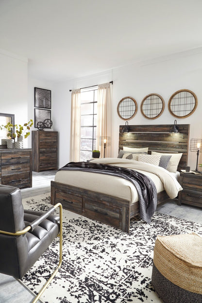 Lit de rangement Abby avec éclairage à DEL et ports USB, brun - format grand lit | Abby Storage Bed with LED Light & USB Ports, Brown - Queen Size