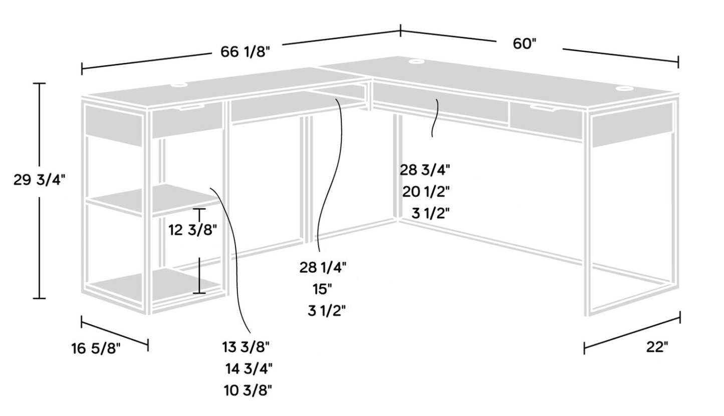 Bureau en forme de L Maxim de 65,98 po à 2 tiroirs avec compartiments ouverts et tablettes - bois terre d’ombre