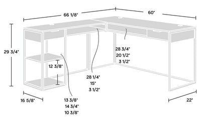 Bureau en forme de L Maxim de 65,98 po à 2 tiroirs avec compartiments ouverts et tablettes - bois terre d’ombre