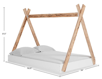 Lit de tente plateforme Wolf pour enfants, bicolore blanc et naturel - Pleine grandeur | Lit Wolf plateforme en forme de tente pour enfants, deux teintes, blanc et naturel - format lit double