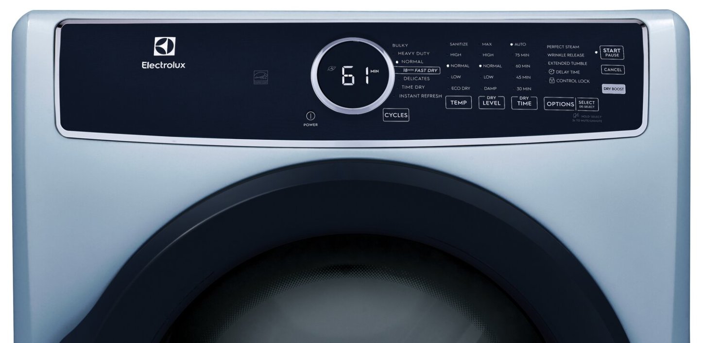 Sécheuse électrique Electrolux de 8 pi³ avec vapeur - bleu glacier - superposable - ELFE743CAG | Electrolux 8 Cu. Fort. Sécheuse électrique à vapeur - Bleu glacier - Empilable - ELFE743CAG
