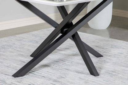 Table de salle à manger Bari de 63 po (L) avec dessus en céramique d'apparence marbre et base géométrique en métal - blanche