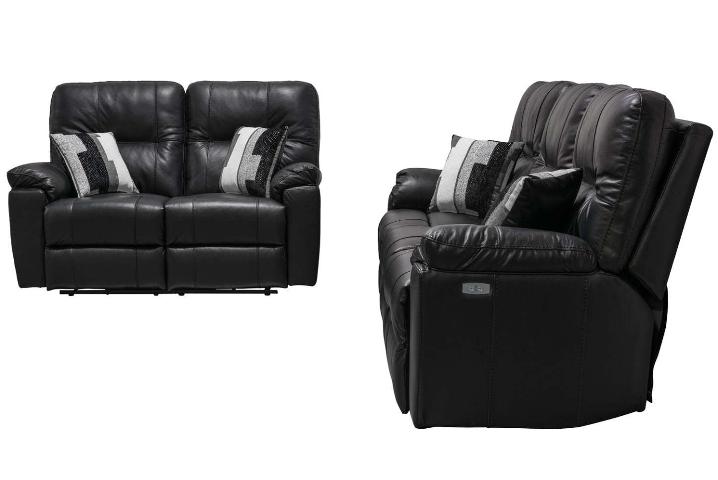 Sofa à inclinaison électrique Dawson de 87 po fabriqué au Canada en cuir véritable avec port USB et oussins décoratifs - noir
