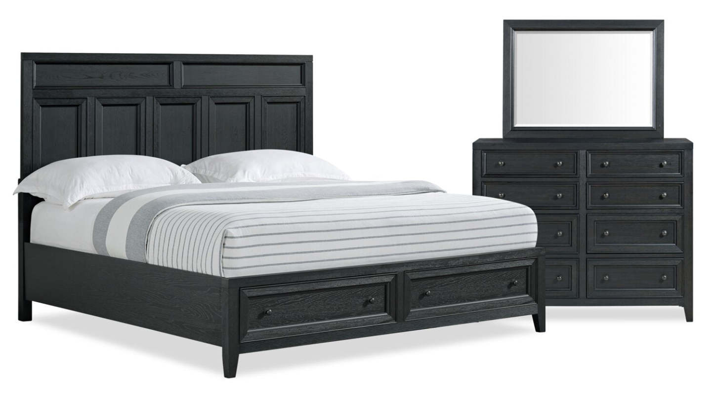 Casa Ensemble de chambre à coucher 5 pièces avec lit, commode et miroir, bois, noir – King Size | Ensemble de chambre à coucher Casa 5 pièces en bois avec lit, commode et miroir, noir - taille king