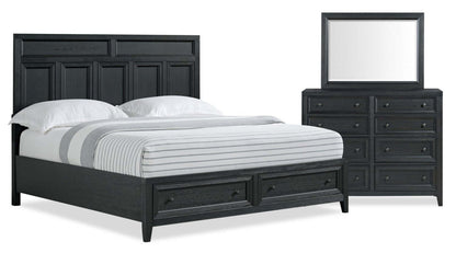 Casa Ensemble de chambre à coucher 5 pièces avec lit, commode et miroir, bois, noir – King Size | Ensemble de chambre à coucher Casa 5 pièces en bois avec lit, commode et miroir, noir - taille king