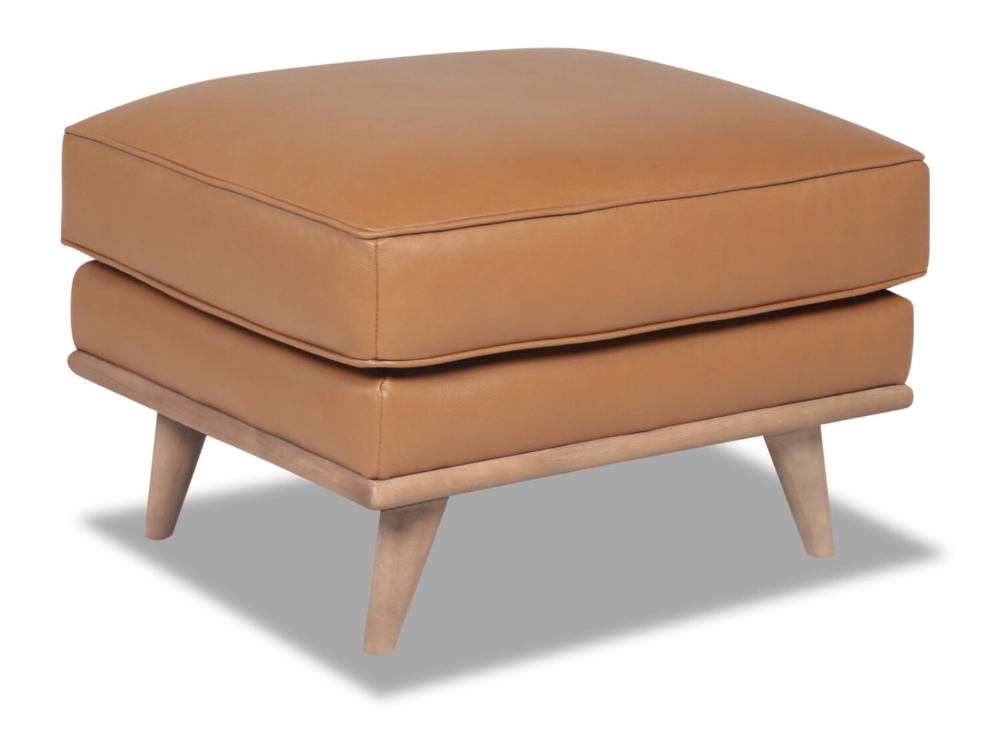 Ottoman Vivia 28 en cuir véritable avec base en bois - Brun caramel | Pouf Vivia de 28 po en cuir avec base en bois - brun caramel véritable