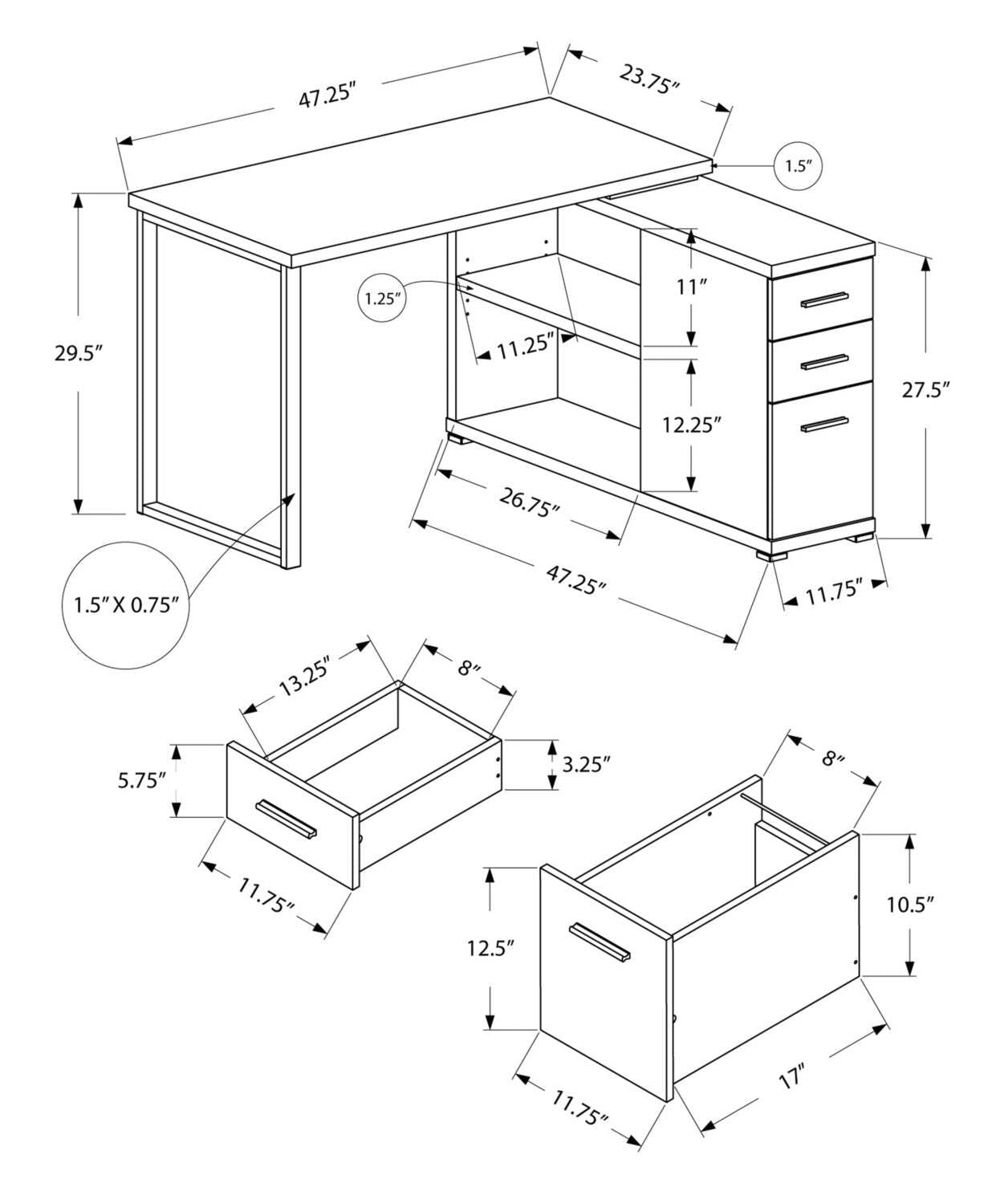 Bureau réglable en forme de L Milo 47,25 avec 3 tiroirs et étagères ouvertes - Blanc|Bureau réglable en forme de L Milo de 47,25 po à 3 tiroirs avec tablettes ouvertes - blanc