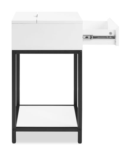 Table de nuit Akio à 1 tiroir avec rangement relevable, 18 L x 25,75 H - Blanc/Noir | Table de nuit Akio de 18 po (l) x 25,75 po (H) à 1 tiroir avec dessus relevable et rangement - blanche et noire
